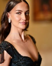 Glamorous Actress Elli AvrRam in a Dark Teal Beaded Sequin Cutout Gown Photos 03