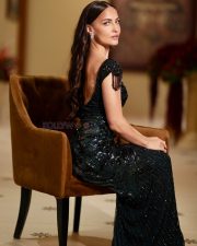 Glamorous Actress Elli AvrRam in a Dark Teal Beaded Sequin Cutout Gown Photos 06