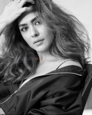 Glamorous and Sexy Mrunal Thakur in a Black Top with High Waisted Jeans Black and White Photos 03