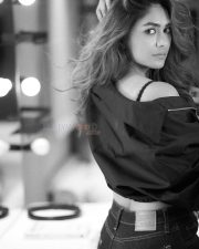 Glamorous and Sexy Mrunal Thakur in a Black Top with High Waisted Jeans Black and White Photos 05