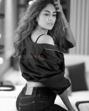 Glamorous and Sexy Mrunal Thakur in a Black Top with High Waisted Jeans Black and White Photos 06