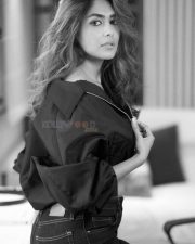 Glamorous and Sexy Mrunal Thakur in a Black Top with High Waisted Jeans Black and White Photos 07