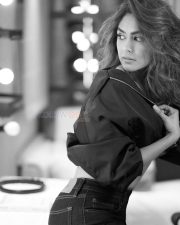 Glamorous and Sexy Mrunal Thakur in a Black Top with High Waisted Jeans Black and White Photos 08