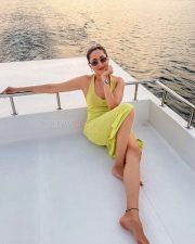 Glowing Pragya Jaiswal in a Lime Yellow Knit Maxi Dress with a Thigh Slit and Bust Cutout Photos 03
