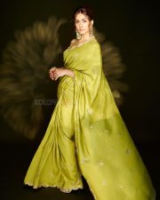 Gorgeous Mrunal Thakur in a Lime Green Silk Saree with a Sleeveless Cropped Blouse Pictures 04