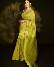 Gorgeous Mrunal Thakur in a Lime Green Silk Saree with a Sleeveless Cropped Blouse Pictures 05
