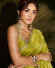 Gorgeous Mrunal Thakur in a Lime Green Silk Saree with a Sleeveless Cropped Blouse Pictures 06