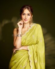 Gorgeous Mrunal Thakur in a Lime Green Silk Saree with a Sleeveless Cropped Blouse Pictures 07