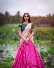 Gorgeous Nabha Natesh Green Half Saree Photos 01