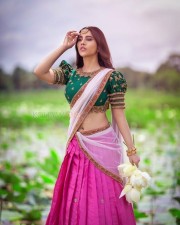 Gorgeous Nabha Natesh Green Half Saree Photos 02