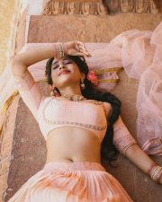 Graceful Actress Nabha Natesh in a blush pink and gold beaded saree blouse crop top with flowing pallu photos 10