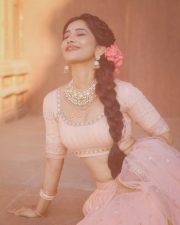 Graceful Actress Nabha Natesh in a blush pink and gold beaded saree blouse crop top with flowing pallu photos 14