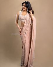 Graceful Actress Nabha Natesh in an ornate gold and magenta embroidered cream lehenga with gold jewelry photos 06
