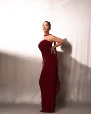 Graceful Nabha Natesh in a Strapless Off Shoulder Maroon Dress Pictures 02