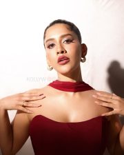 Graceful Nabha Natesh in a Strapless Off Shoulder Maroon Dress Pictures 04