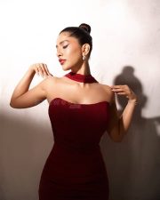 Graceful Nabha Natesh in a Strapless Off Shoulder Maroon Dress Pictures 05