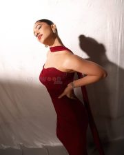 Graceful Nabha Natesh in a Strapless Off Shoulder Maroon Dress Pictures 06