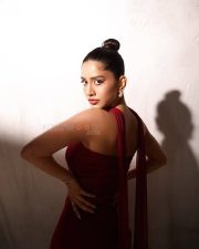 Graceful Nabha Natesh in a Strapless Off Shoulder Maroon Dress Pictures 07