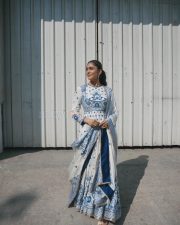 Hai Jawani Toh Ishq Hona Hai Actress Mrunal Thakur in a Regal Ivory and Blue Embroidered Anarkali Dress Photos 01