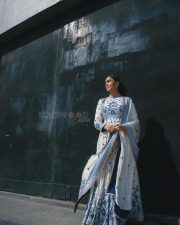 Hai Jawani Toh Ishq Hona Hai Actress Mrunal Thakur in a Regal Ivory and Blue Embroidered Anarkali Dress Photos 02