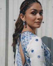Hai Jawani Toh Ishq Hona Hai Actress Mrunal Thakur in a Regal Ivory and Blue Embroidered Anarkali Dress Photos 03