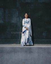 Hai Jawani Toh Ishq Hona Hai Actress Mrunal Thakur in a Regal Ivory and Blue Embroidered Anarkali Dress Photos 06