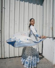 Hai Jawani Toh Ishq Hona Hai Actress Mrunal Thakur in a Regal Ivory and Blue Embroidered Anarkali Dress Photos 08