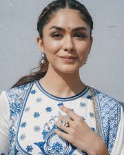 Hai Jawani Toh Ishq Hona Hai Actress Mrunal Thakur in a Regal Ivory and Blue Embroidered Anarkali Dress Photos 09