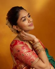 Hai Jawani Toh Ishq Hona Hai Actress Mrunal Thakur in a Traditional Maharashtrian Paithani Silk Saree with a Short Sleeved Red Blouse Pictures 01