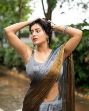 Hot Rashi Singh Navel in a Golden Grey Saree with Matching Sleeveless Blouse Photos 01