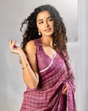 Lockdown Actress Anupama Parameswaran in a Purple Striped Handloom Saree with a Sleeveless Blouse Photos 03