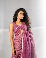 Lockdown Actress Anupama Parameswaran in a Purple Striped Handloom Saree with a Sleeveless Blouse Photos 04