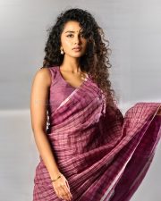 Lockdown Actress Anupama Parameswaran in a Purple Striped Handloom Saree with a Sleeveless Blouse Photos 06