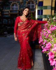 Luminous Shriya Saran Cleavage in a Red organza saree with gold botanical embroidery and V neck long sleeve blouse Photos 02 Luminous Shriya Saran Cleavage in a Red organza saree with gold botanical embroidery and V neck long sleeve blouse Photos 02