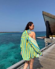 Main Chala Actress Pragya Jaiswal in a Bold Blue and Yellow Striped Shirt and Shorts with a Blue Triangle Bikini Top Pictures 02