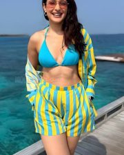 Main Chala Actress Pragya Jaiswal in a Bold Blue and Yellow Striped Shirt and Shorts with a Blue Triangle Bikini Top Pictures 05