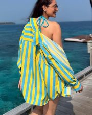 Main Chala Actress Pragya Jaiswal in a Bold Blue and Yellow Striped Shirt and Shorts with a Blue Triangle Bikini Top Pictures 06