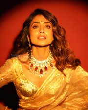 Majestic Actress Shriya Saran in a Gold Tissue Saree Photos 03