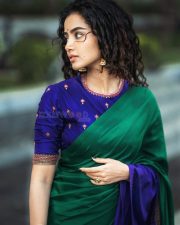 Mareechika Actress Anupama Parameswaran in a Green Saree with a Royal Blue Blouse Pictures 01