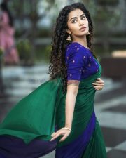 Mareechika Actress Anupama Parameswaran in a Green Saree with a Royal Blue Blouse Pictures 06