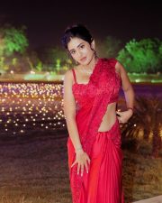 Paanch Minar Actress Rashi Singh in a Red Designer Saree with a Matching Embroidered Sleeveless Blouse Pictures 02