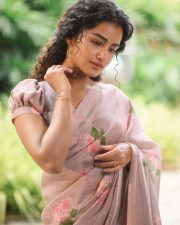 Paradha Actress Anupama Parameswaran in a Light Brown Floral Handwoven Cotton and Silk Sari with Organza Border Photos 01