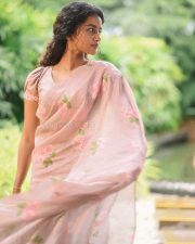 Paradha Actress Anupama Parameswaran in a Light Brown Floral Handwoven Cotton and Silk Sari with Organza Border Photos 09