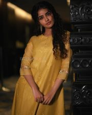 Paradha Actress Anupama Parameswaran in a Mustard Yellow Floral Embroidered Kurta Set Photos 01