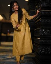 Paradha Actress Anupama Parameswaran in a Mustard Yellow Floral Embroidered Kurta Set Photos 04