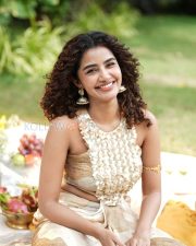 Radiant Actress Anupama Parameswaran in a Gold Cream Saree with Floral Blouse Photos 01