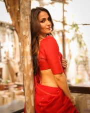 Radiant Actress Elli AvrRam in a Red Saree with Backless Blouse Photos 06