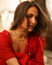 Radiant Actress Elli AvrRam in a Red Saree with Backless Blouse Photos 07