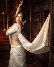 Radiant Actress Nabha Natesh in a Cream Embroidered Saree Temple Jewelry Photos 01