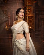 Radiant Actress Nabha Natesh in a Cream Embroidered Saree Temple Jewelry Photos 05